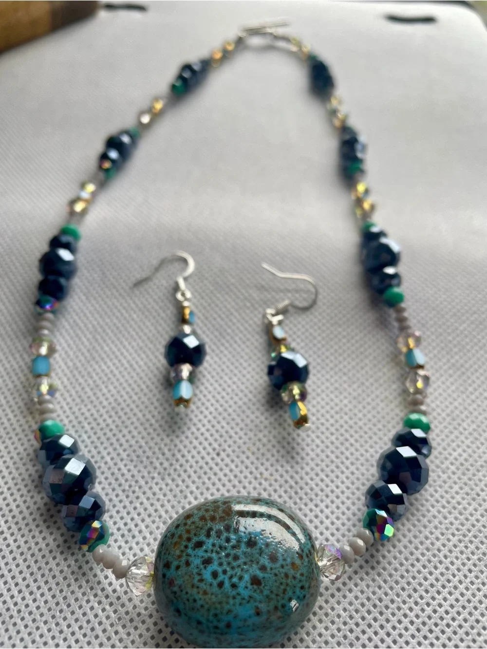 Handcrafted Turquoise & Navy Beaded Necklace with Matching Earrings